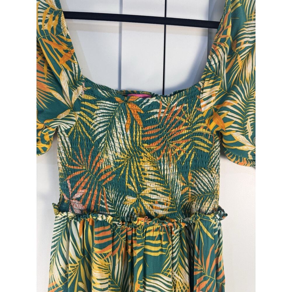 Betsey Johnson Maxi Dress Womens Small Tropical Palm Smocked Puff Sleeve Boho - Picture 2 of 7